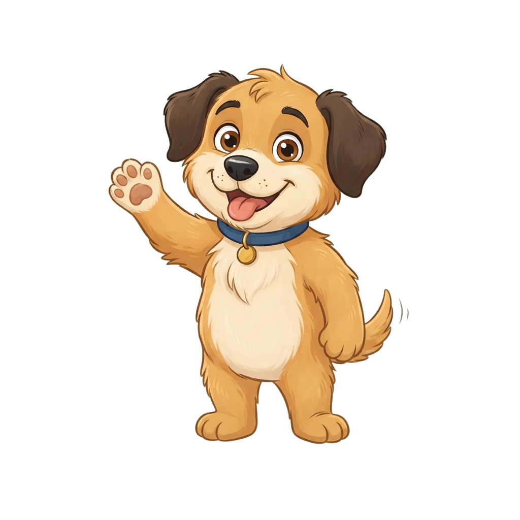 A cheerful cartoon dog with a blue collar waving one paw in a friendly greeting