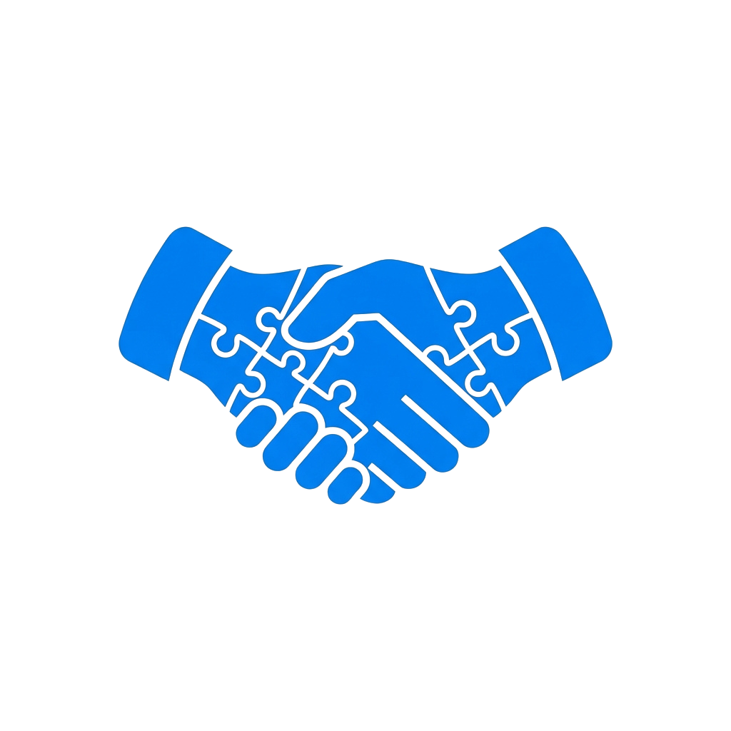 Two hands shaking with puzzle pieces forming the connection, representing teamwork and partnership.