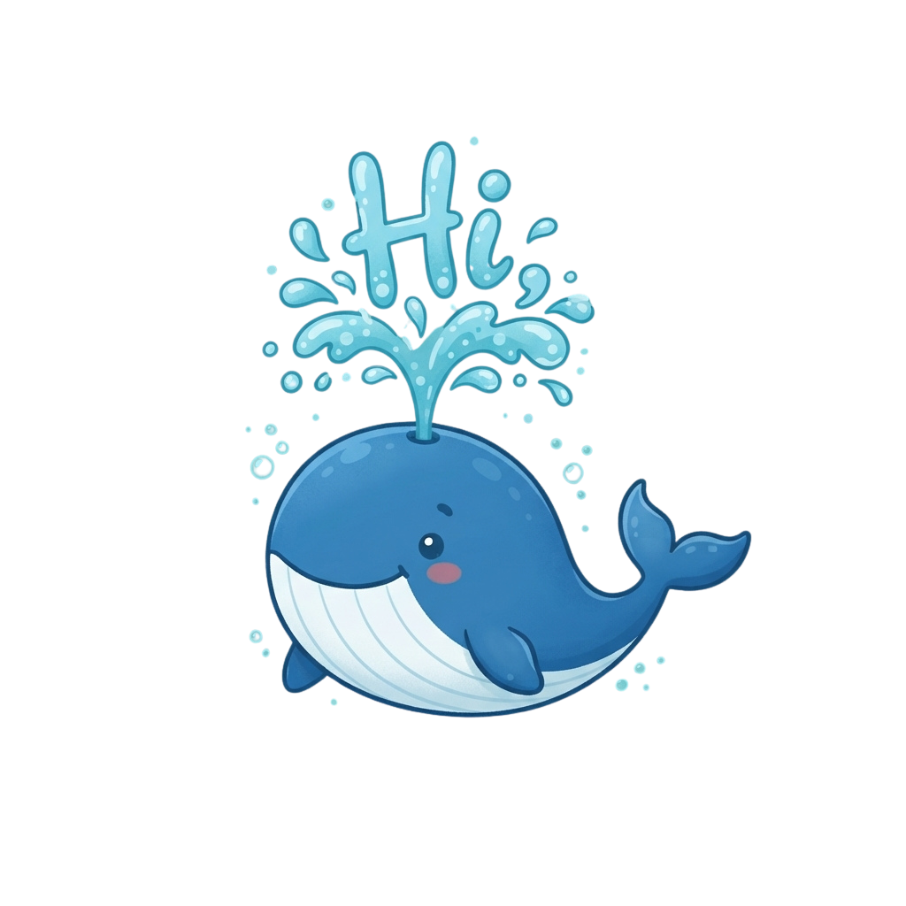A cheerful cartoon whale spouting water to form the letter H, with bubbles around it