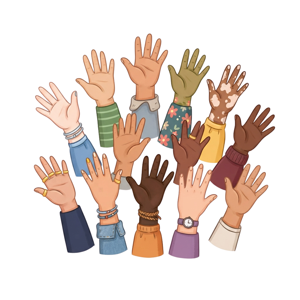 Illustration of twelve diverse hands raised upwards against a black background