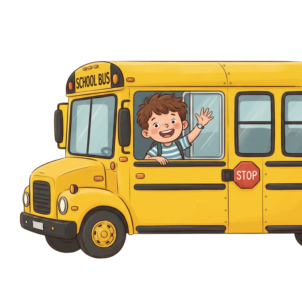 Illustration of a smiling child waving from a yellow school bus window