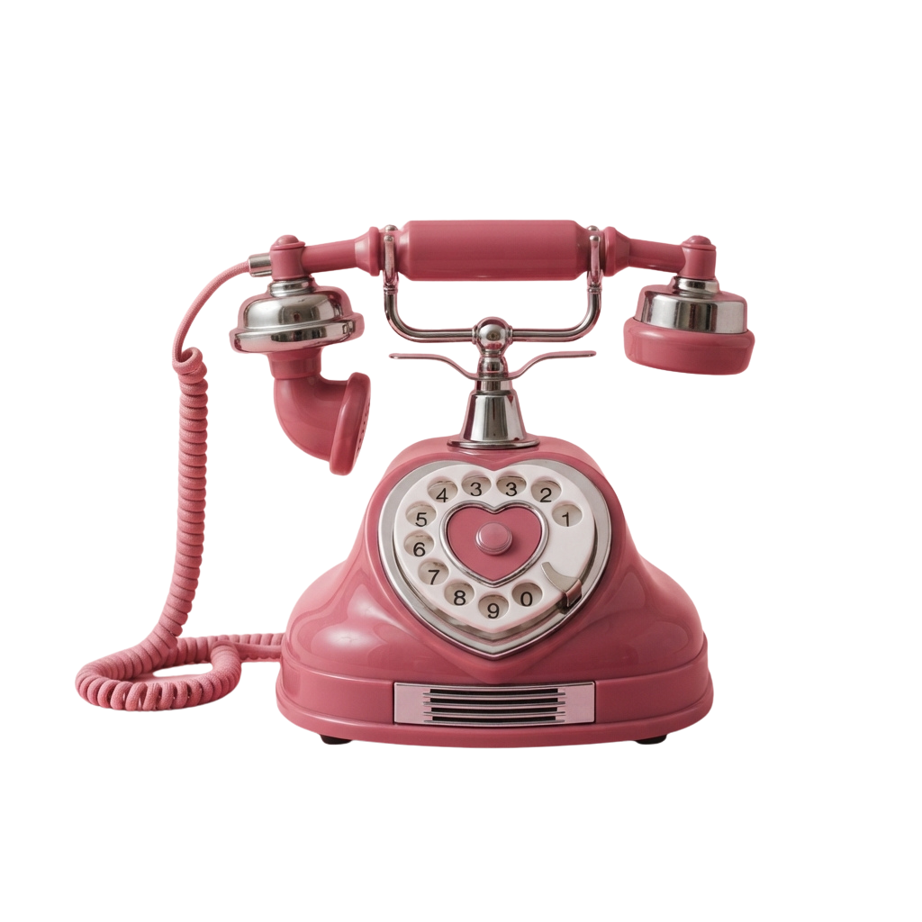 A pink rotary phone with a heart-shaped dial and chrome accents on a black background