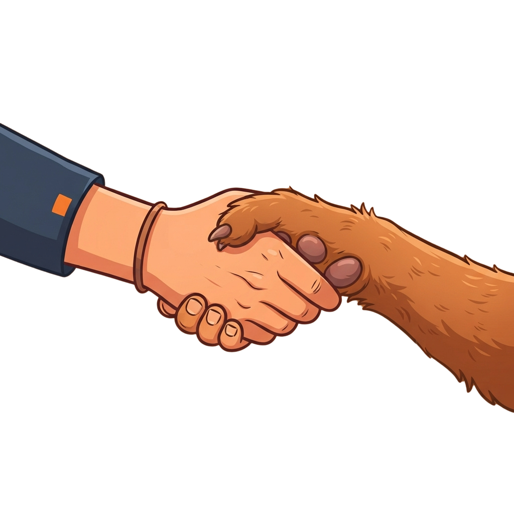 Illustration of a human handshake with a cartoon bear hand
