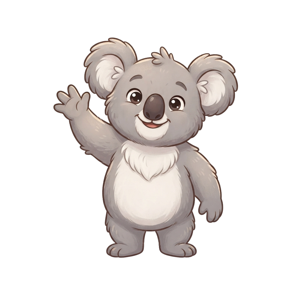 A friendly cartoon koala waving with one hand and smiling against a black background