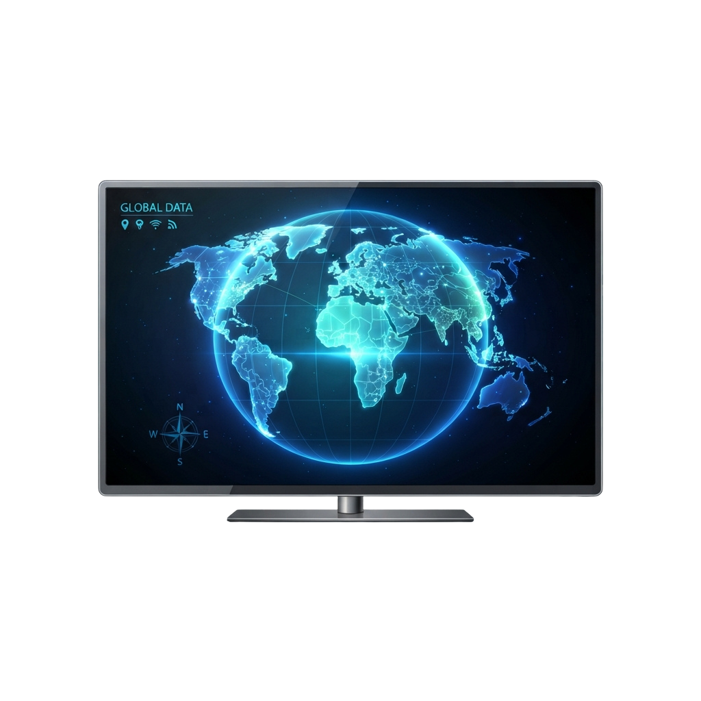 A computer screen displaying a glowing 3D map of the world with data connectivity icons.