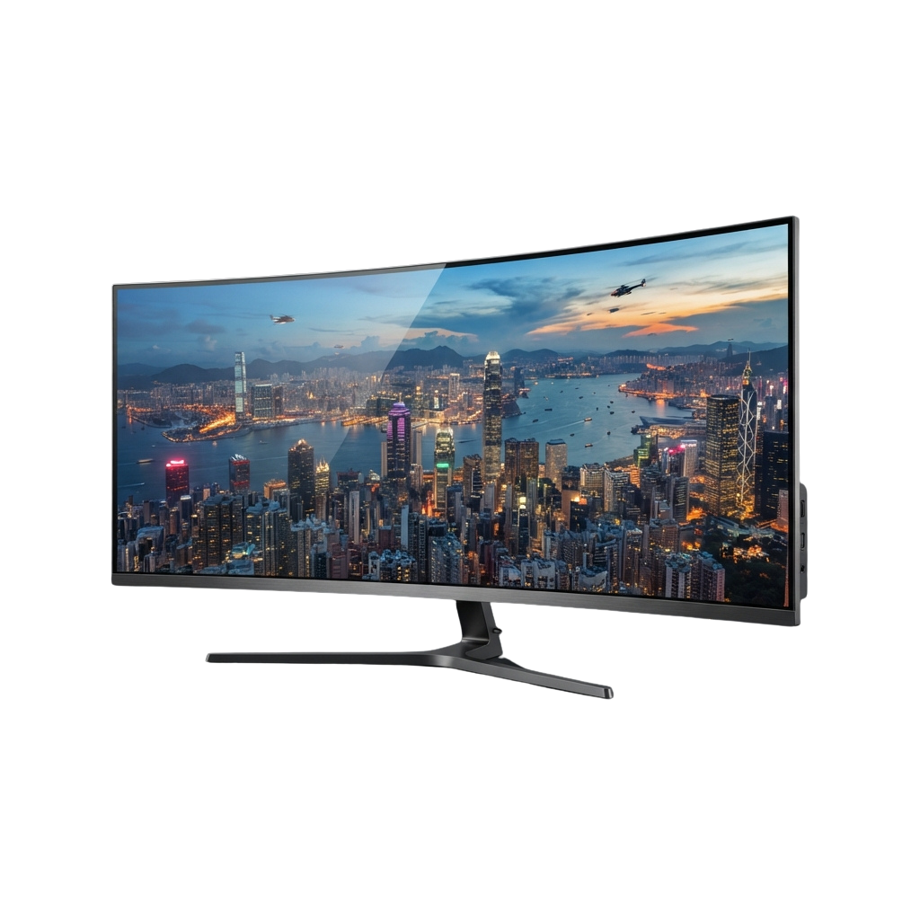 Curved TV displaying a nighttime cityscape with illuminated skyscrapers and a waterfront harbor scene.