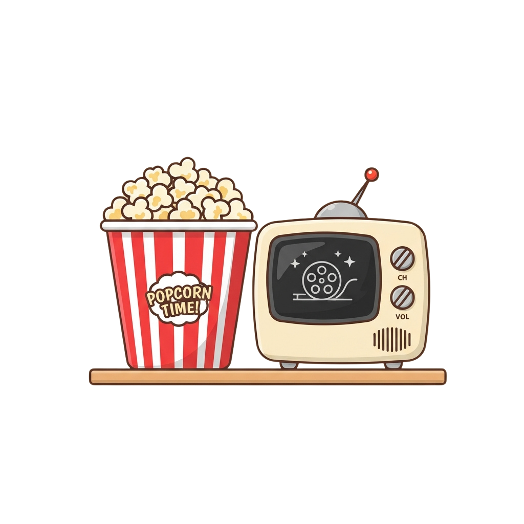 A red and white popcorn bucket labeled popcorn time next to a vintage television set with film reel graphics