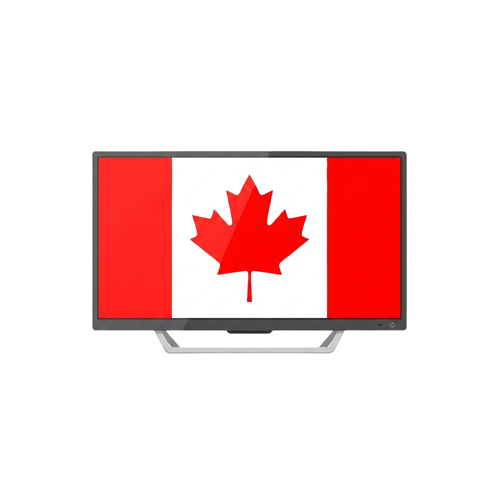 A flat screen TV displaying a stylized version of the Canadian flag with a cracked red maple leaf.