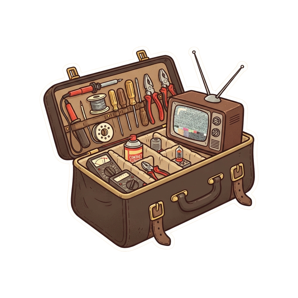 Open vintage toolbox filled with old-school repair tools and a small CRT television.