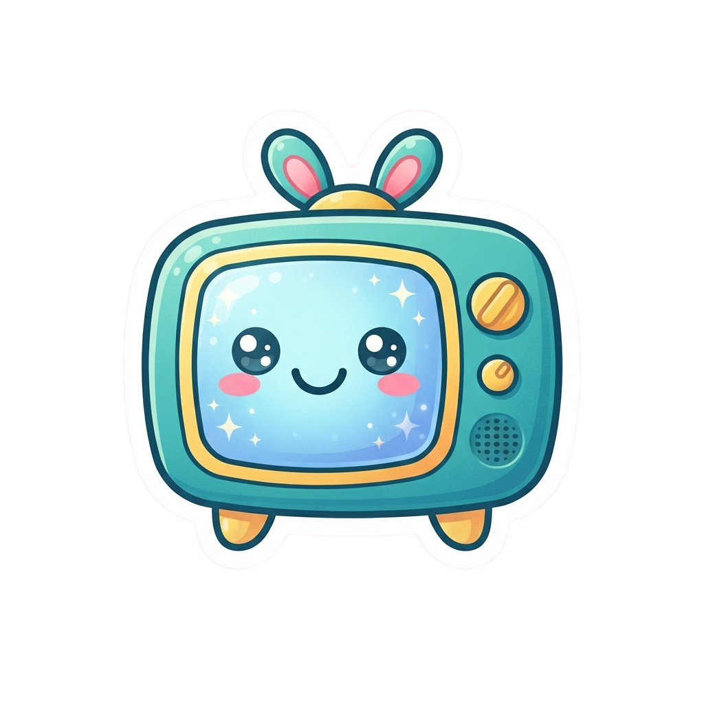 A cheerful cartoon television set with bunny ears on top, smiling face, and starry screen