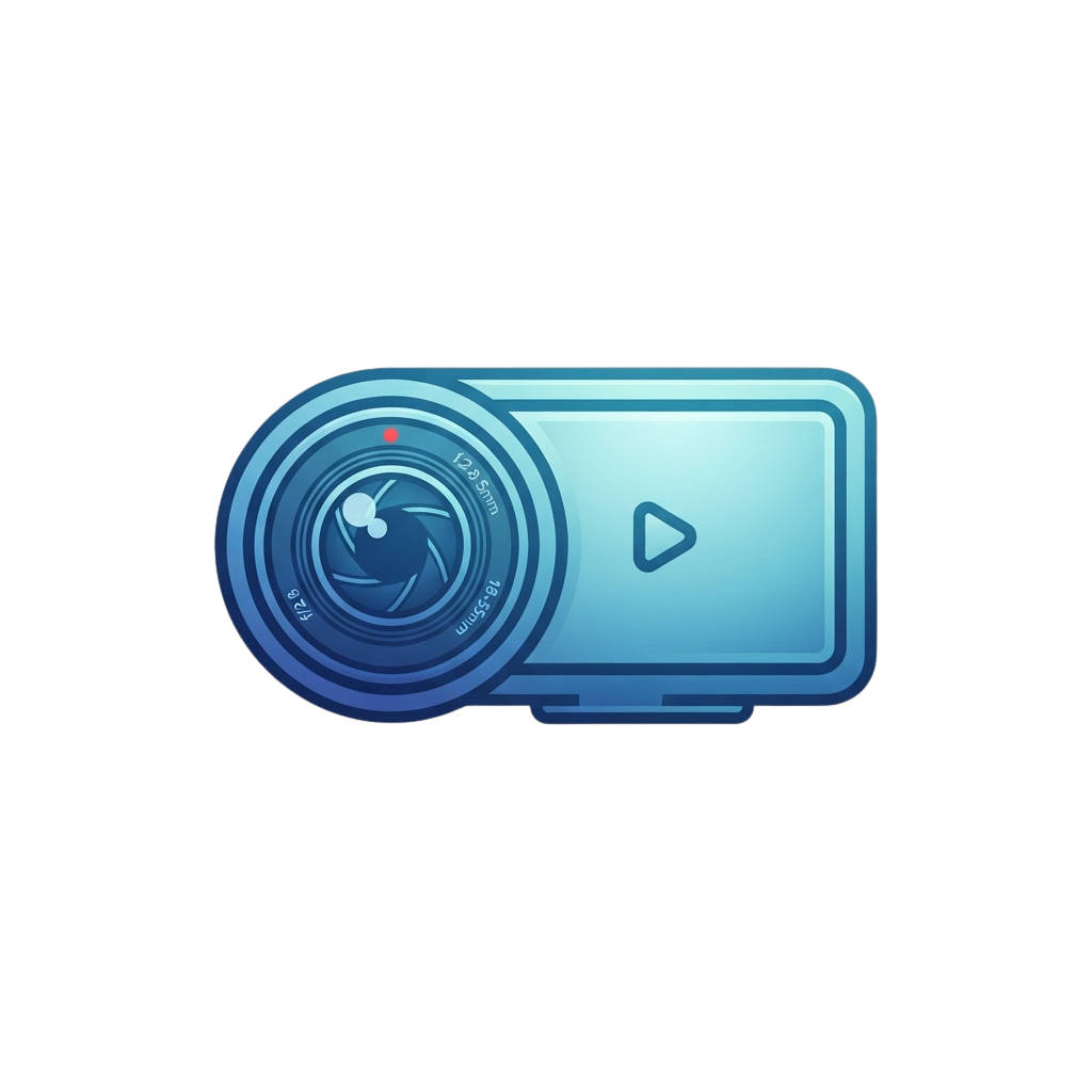 Blue digital camera icon featuring a lens and play button on the screen