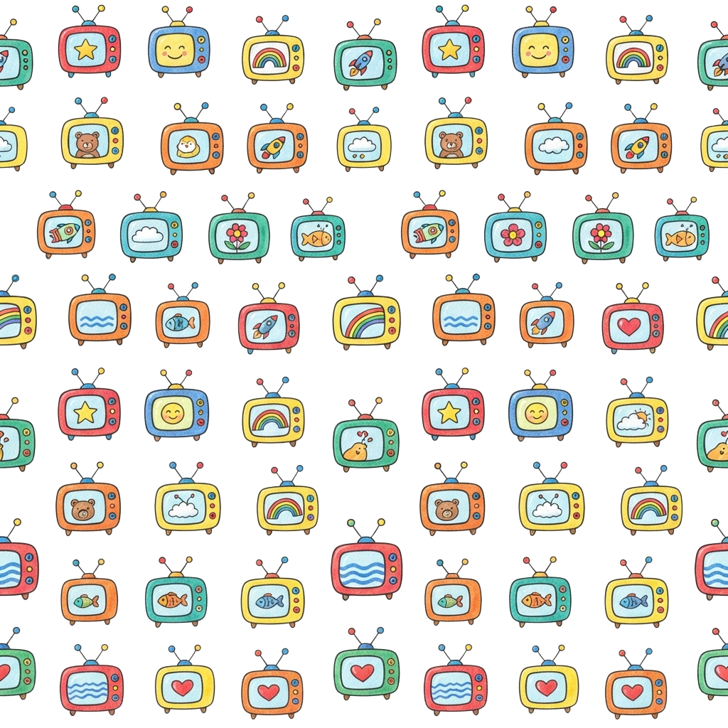 Repeating pattern of colorful cartoon-style TV icons with various playful symbols like stars, hearts, and rockets