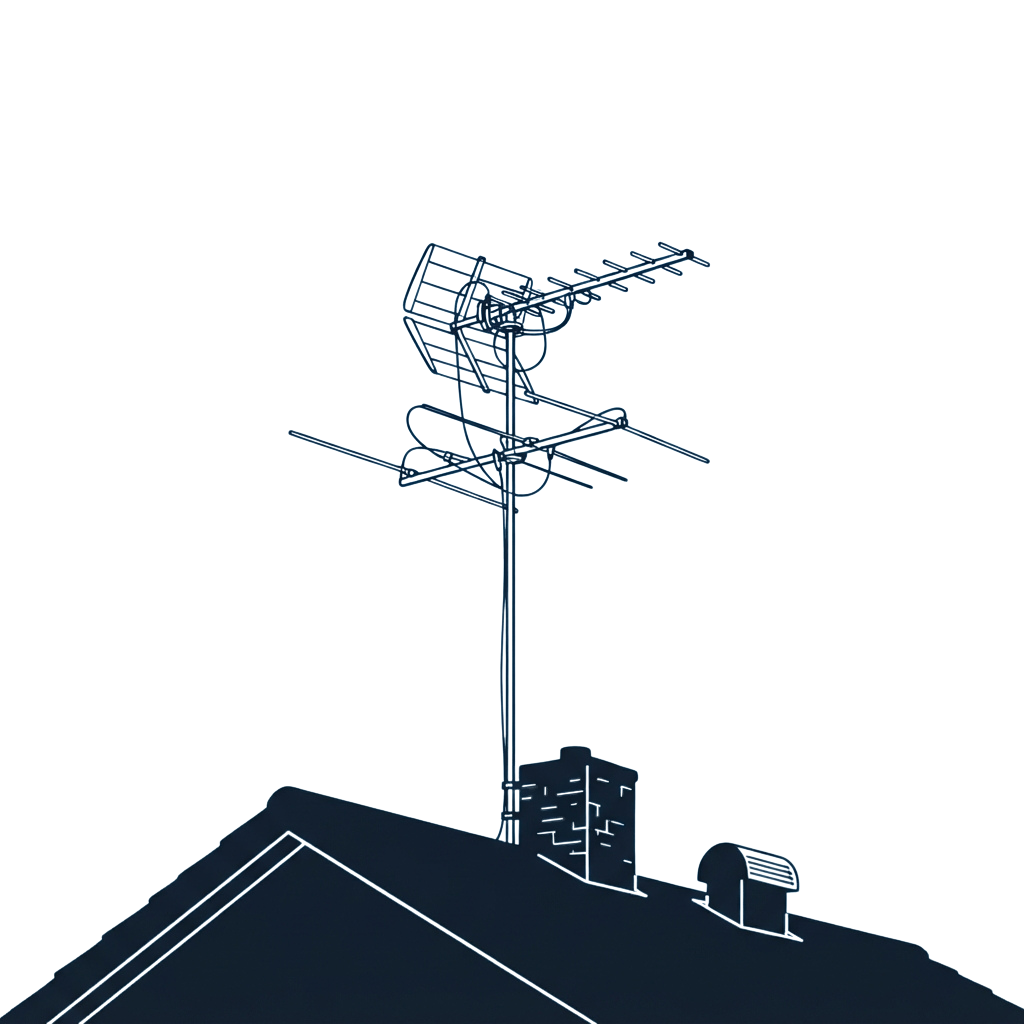 Antenna array mounted on a tall rooftop pole with a building in the background