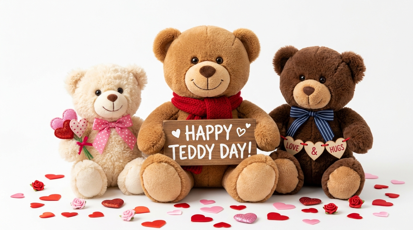 Happy Teddy Day Celebration with Plush Bears, Hearts, and Love Messages on White - Feature Imagefeb 10