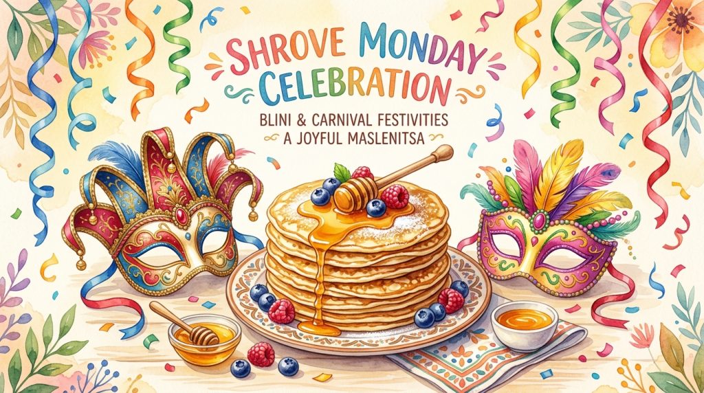 Shrove Monday Maslenitsa Festivities: Blini, Honey, Berries, Colorful Carnival Masks Watercolor - Feature Imagefeb 16 3