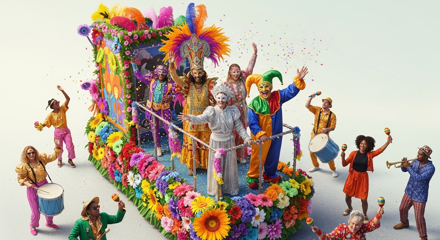 Vibrant Festival Parade: Joyful People, Colorful Costumes, and Flower Decorated Float - Feature Imagefeb 17