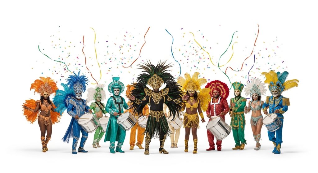 Vibrant Carnival Performers in Elaborate Costumes, Confetti Celebration - Feature Imagefeb 16