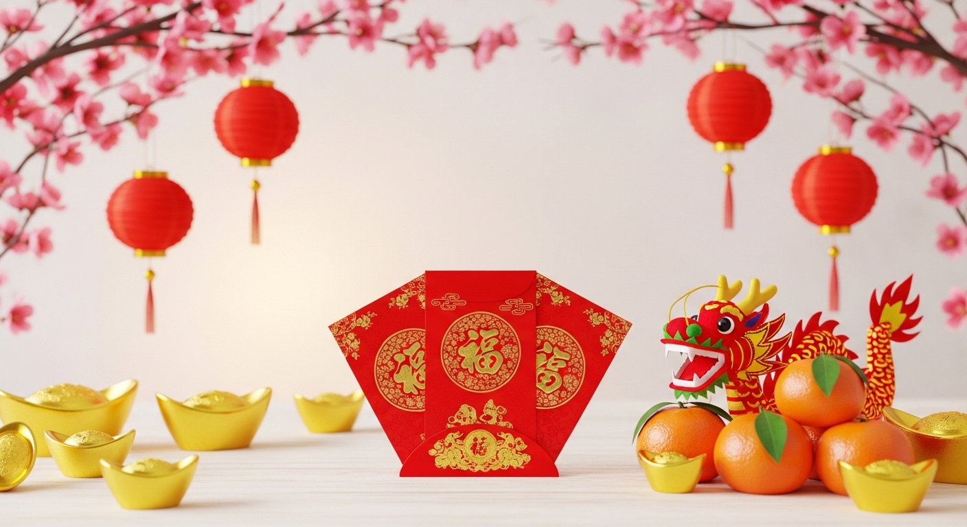 Chinese New Year Prosperity Display: Red Envelopes, Dragon, Gold Ingots, Tangerines & Lanterns - Feature Imagefeb 17 1