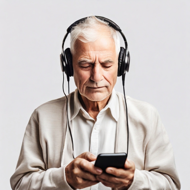 Senior Man Listening to Audio and Using Smartphone