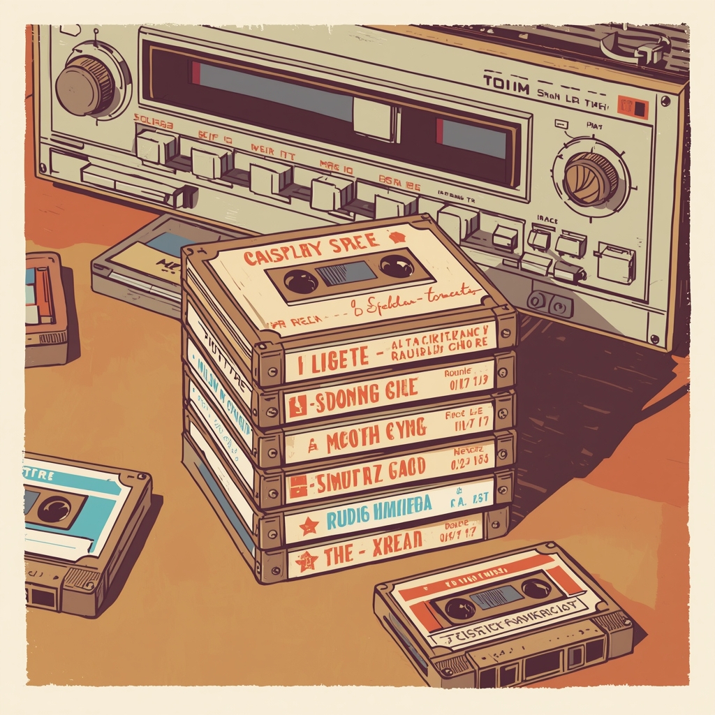 Retro Cassette Tapes and Vintage Stereo Deck: 80s Music Nostalgia Artwork
