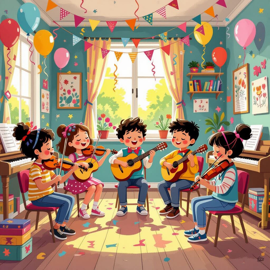 Happy Children's Music Class: A Vibrant Illustration of Young Musicians Playing Violins and Guitars in a Festive Classroom Setting