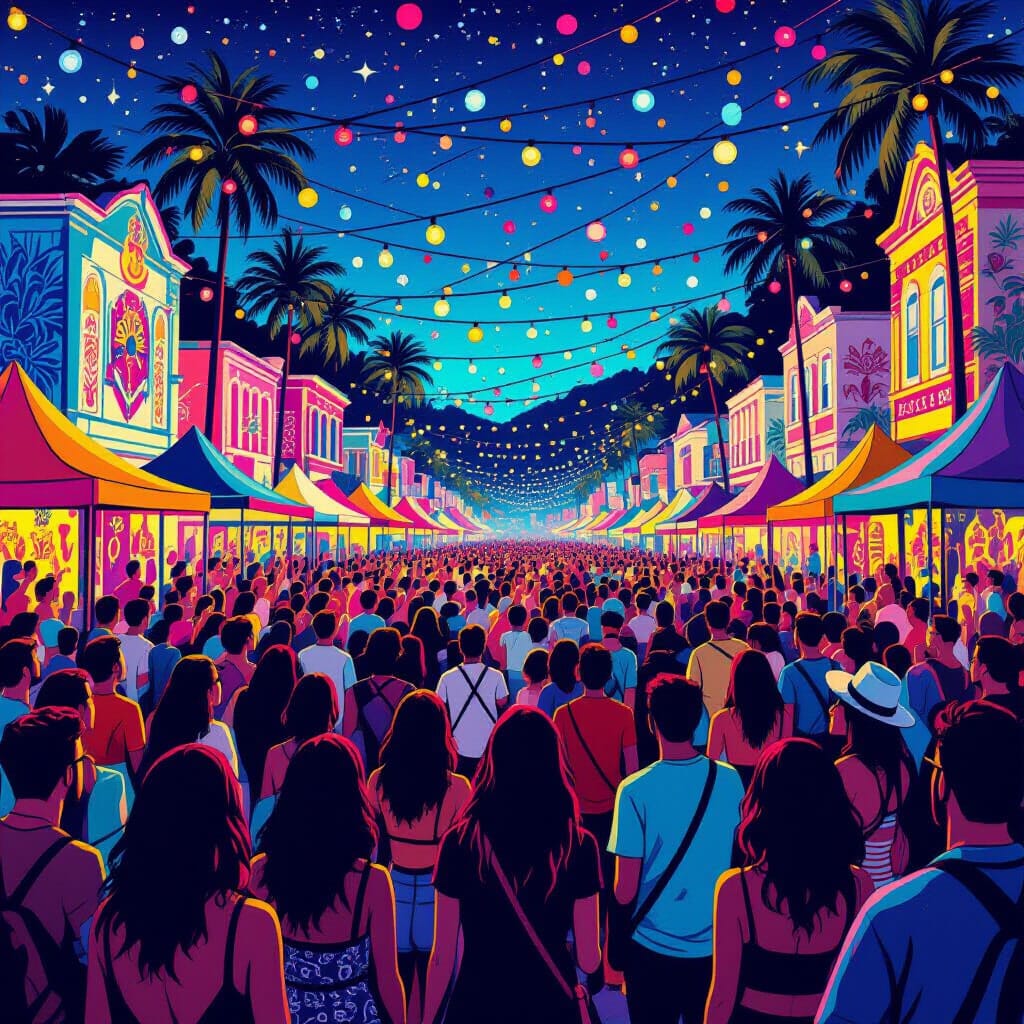 Vibrant Night Market Scene: Colorful Crowd at Festive Street Fair