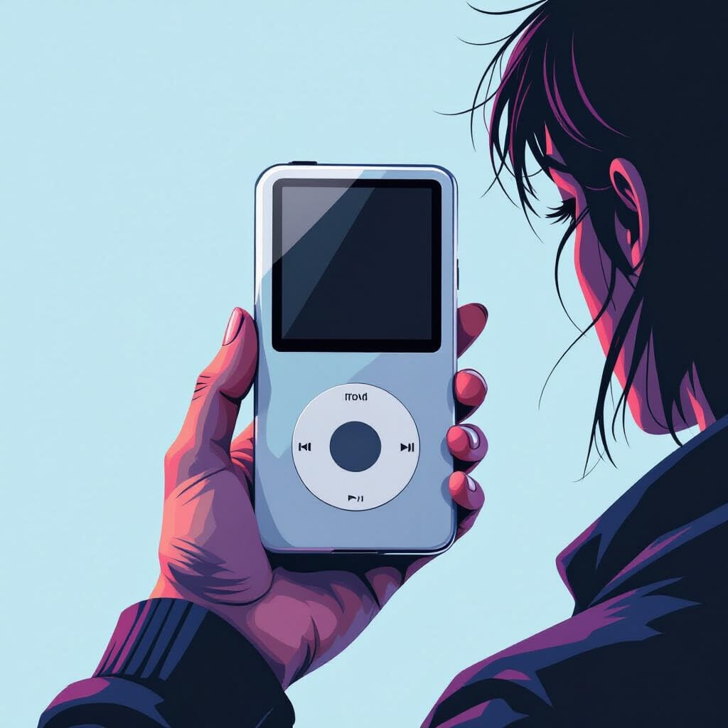 Woman Holding Retro iPod: Music Player, Nostalgia, 90s Style Illustration