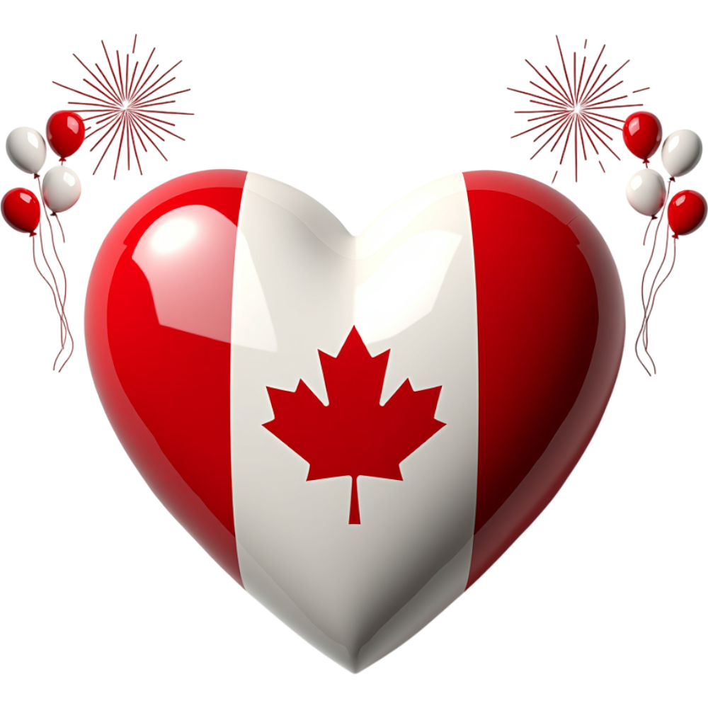 Glossy Canadian Flag Heart with Festive Balloons and Fireworks on Black Background - Anniversary Of The Statute Of Westminster 12