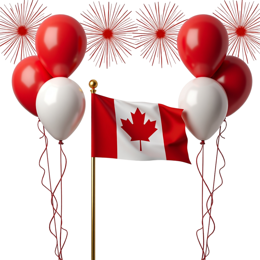 Canadian Flag & Patriotic Balloons with Festive Fireworks bursts on Black Background - Anniversary Of The Statute Of Westminster 14
