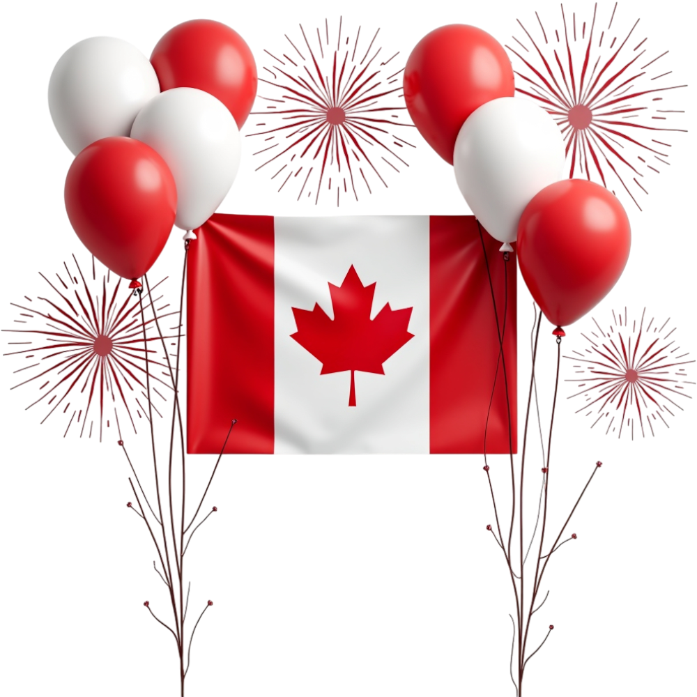 Canadian National Celebration: Flag, Red & White Balloons, and Bursting Fireworks on Dark Background - Anniversary Of The Statute Of Westminster 15
