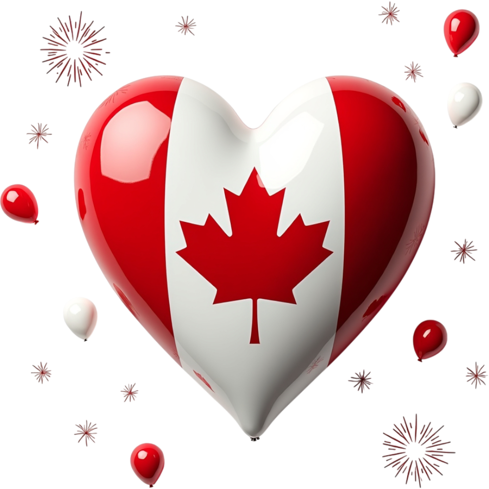 Canada Day Heart: Patriotic Flag, Maple Leaf. Festive Celebration with Balloons and Fireworks. - Anniversary Of The Statute Of Westminster 18