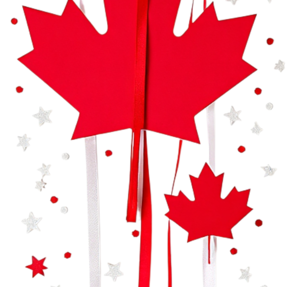 Canadian Maple Leaf Celebration Decor with Red Ribbons and Stars - Anniversary Of The Statute Of Westminster 23