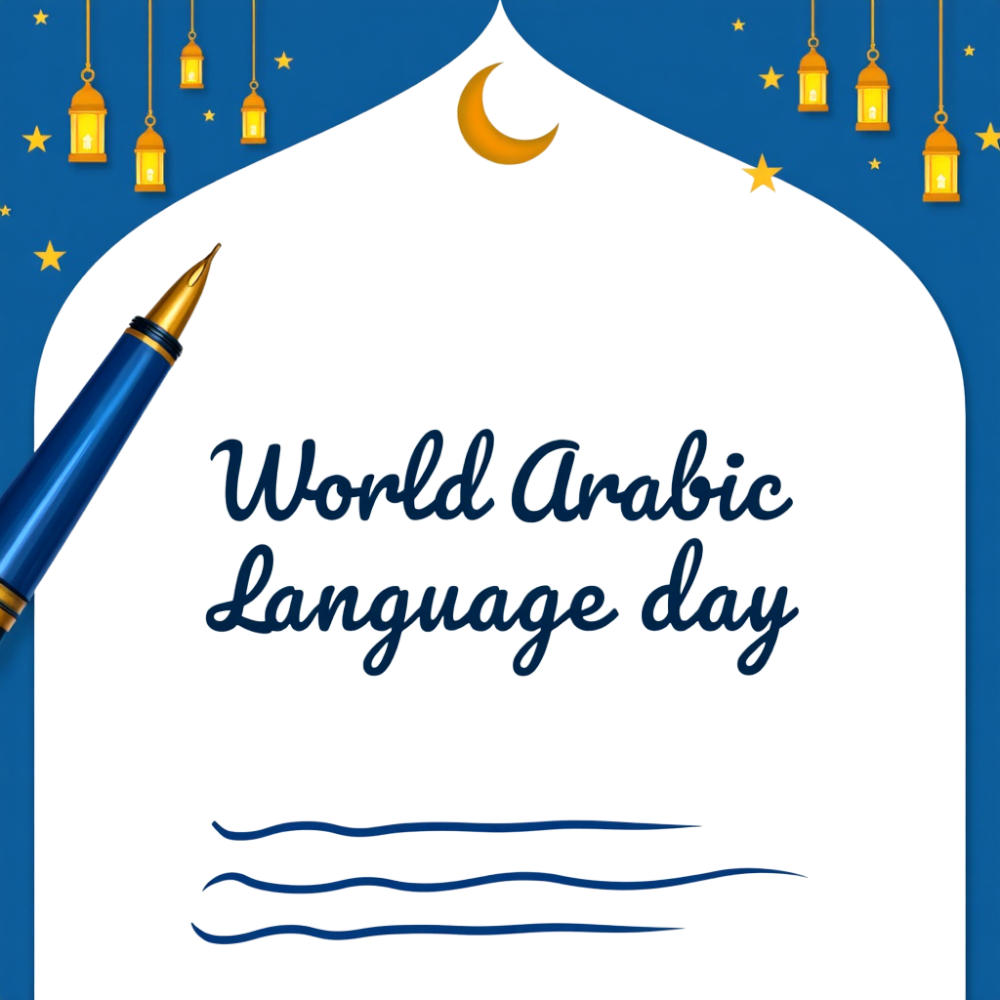 World Arabic Language Day Graphic with Islamic Arch, Golden Pen, and Festive Lanterns - Arabic Language Day 1
