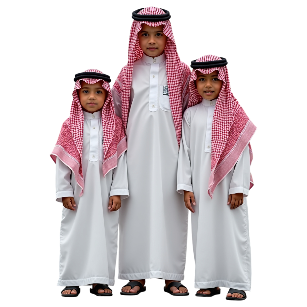 Young Middle Eastern Boys Posing in Traditional White Thobes and Red Ghutras - Arabic Language Day 15