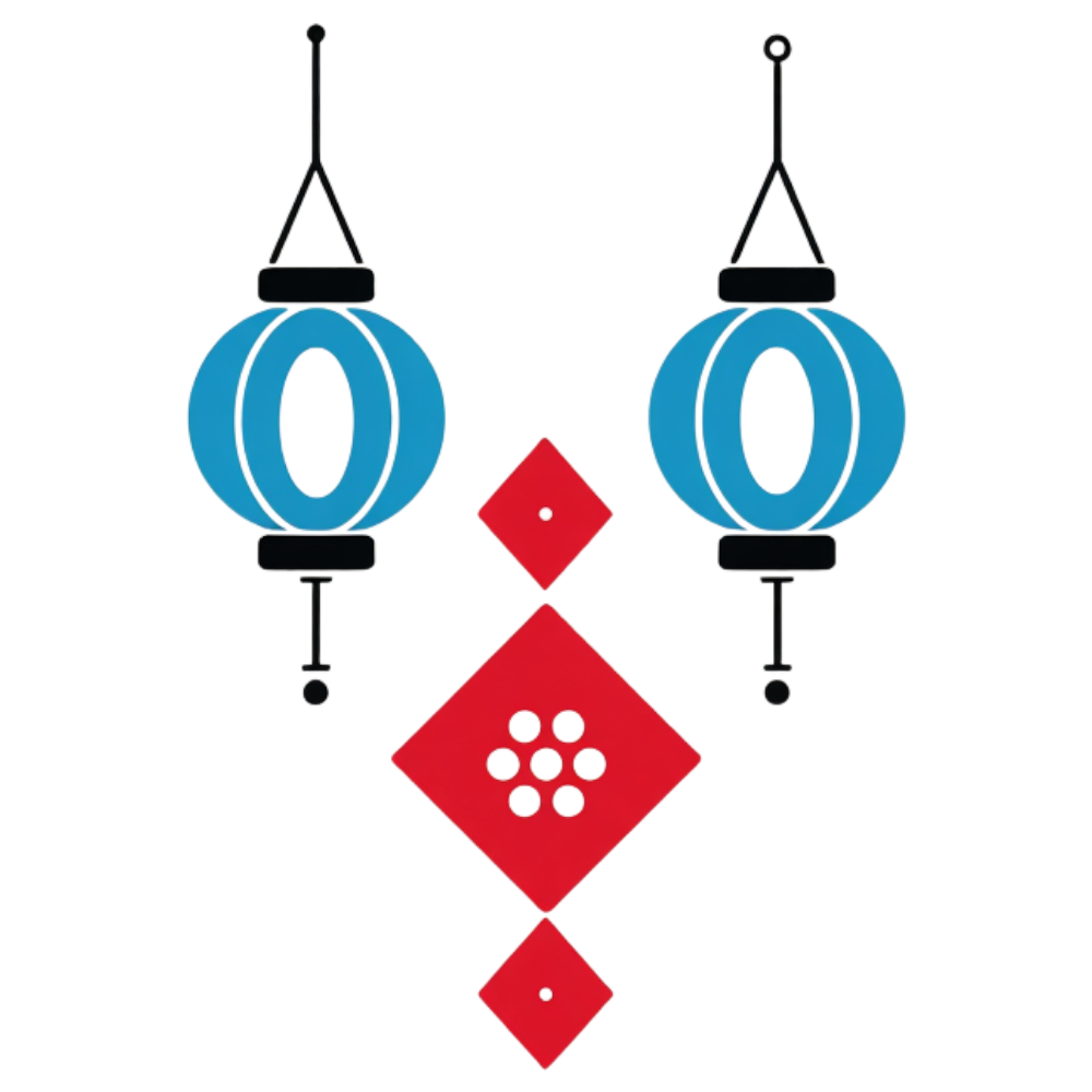 Stylized Asian Lanterns and Geometric Red Decor on Black Background - Arabic Language Day 16