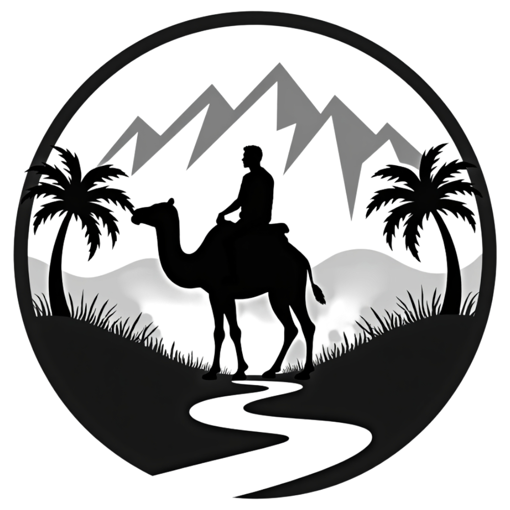 Monochrome Desert Journey: Man Riding Camel, Palm Trees, Mountains, Winding Path Illustration - Arabic Language Day 17