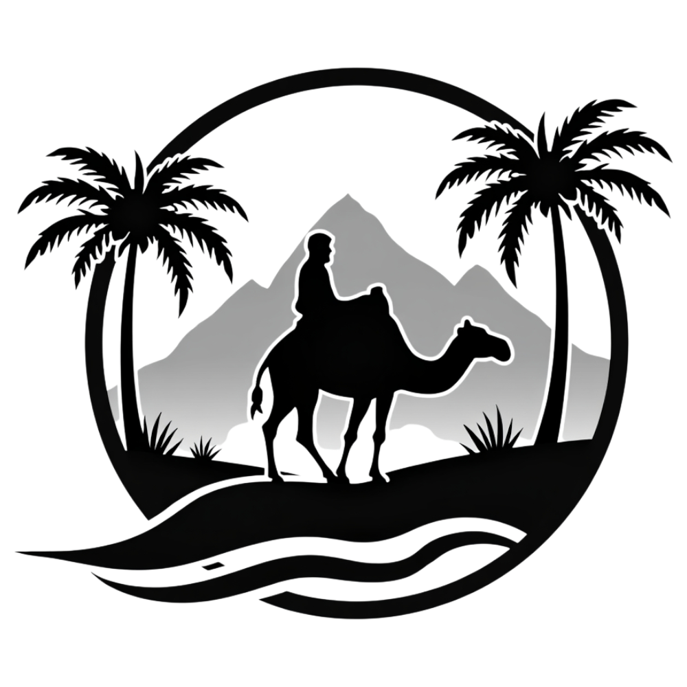 Desert Journey Silhouette with Camel, Rider, Mountains, and Palm Trees. Minimalist Travel Illustration. - Arabic Language Day 18