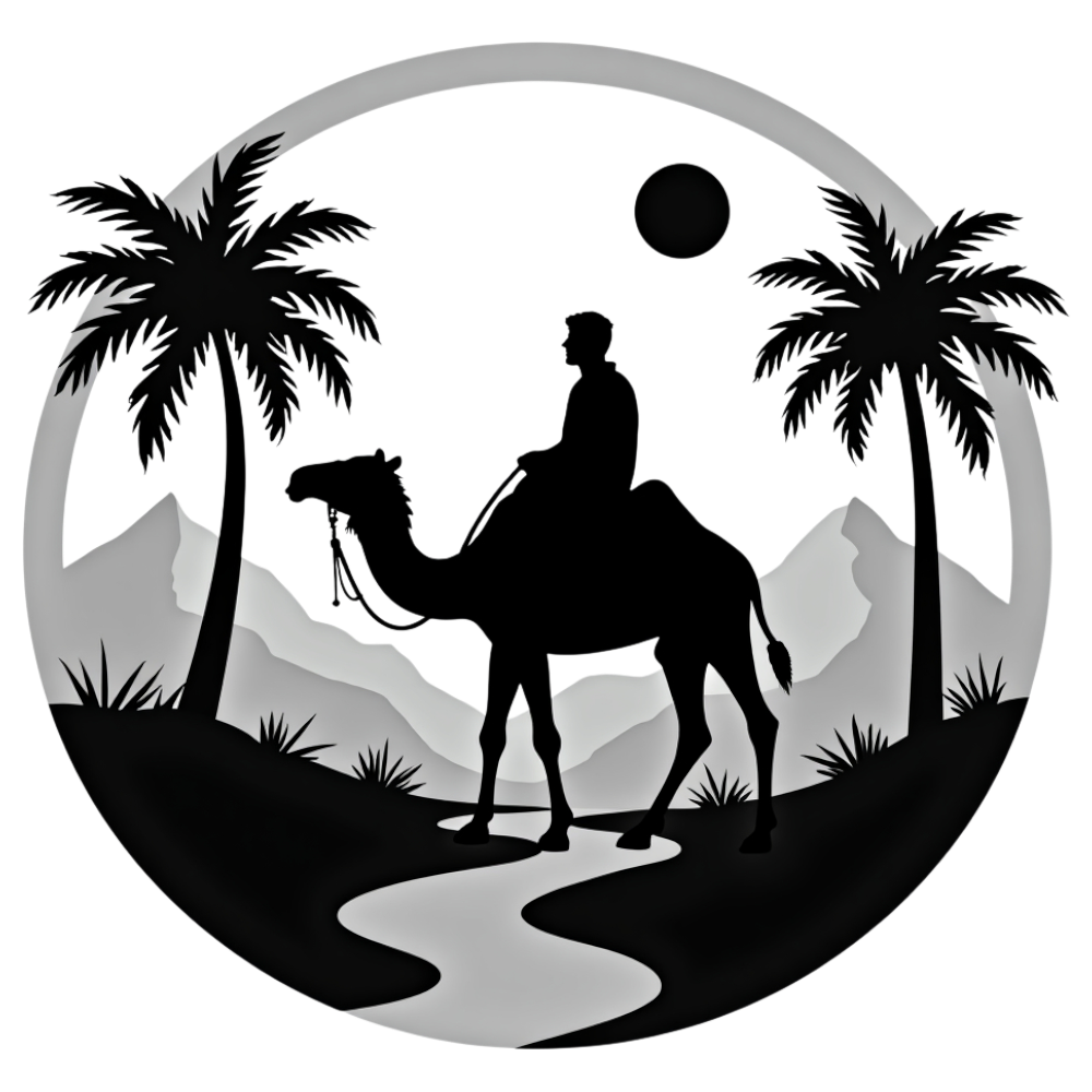 Desert Journey Silhouette: Camel Rider Under Moonlit Palms and Mountains - Arabic Language Day 19