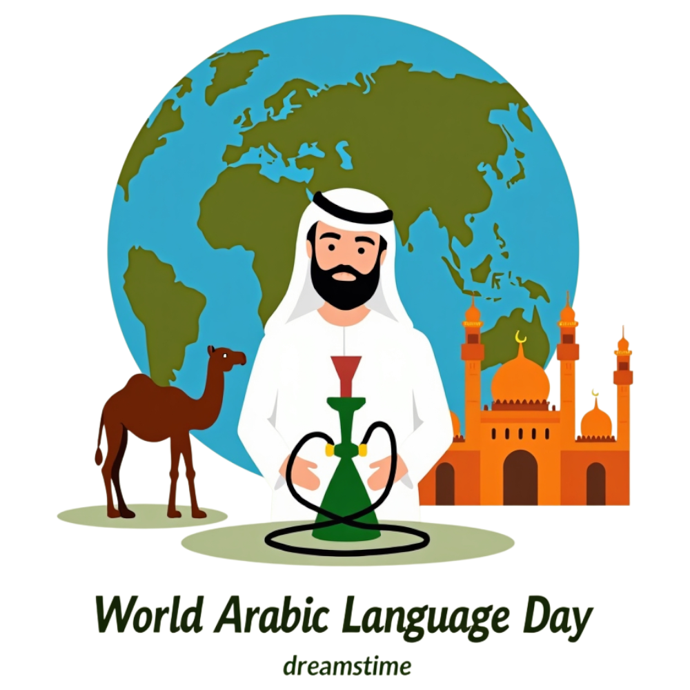 World Arabic Language Day: Middle Eastern Man, Shisha, Camel, Mosque, Earth Illustration - Arabic Language Day 2