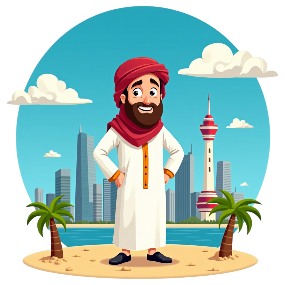 Happy Arab Man in Traditional Attire on Island Beach with Modern Middle Eastern City Skyline - Arabic Language Day 26