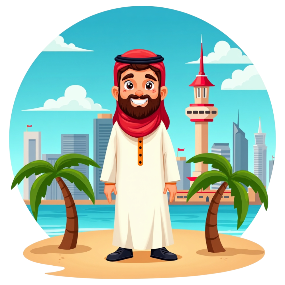 Smiling Arabic Man in Traditional Clothes on Beach with Modern Cityscape Illustration - Arabic Language Day 27