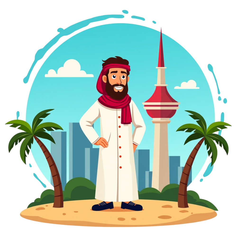 Arab Man in Traditional Thobe with Kuwait Towers Cityscape - Arabic Language Day 28