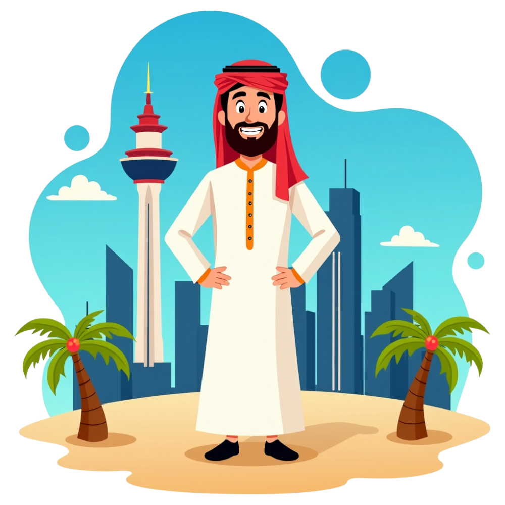Smiling Arab Man in Traditional Outfit Against Modern Middle Eastern Cityscape - Arabic Language Day 34
