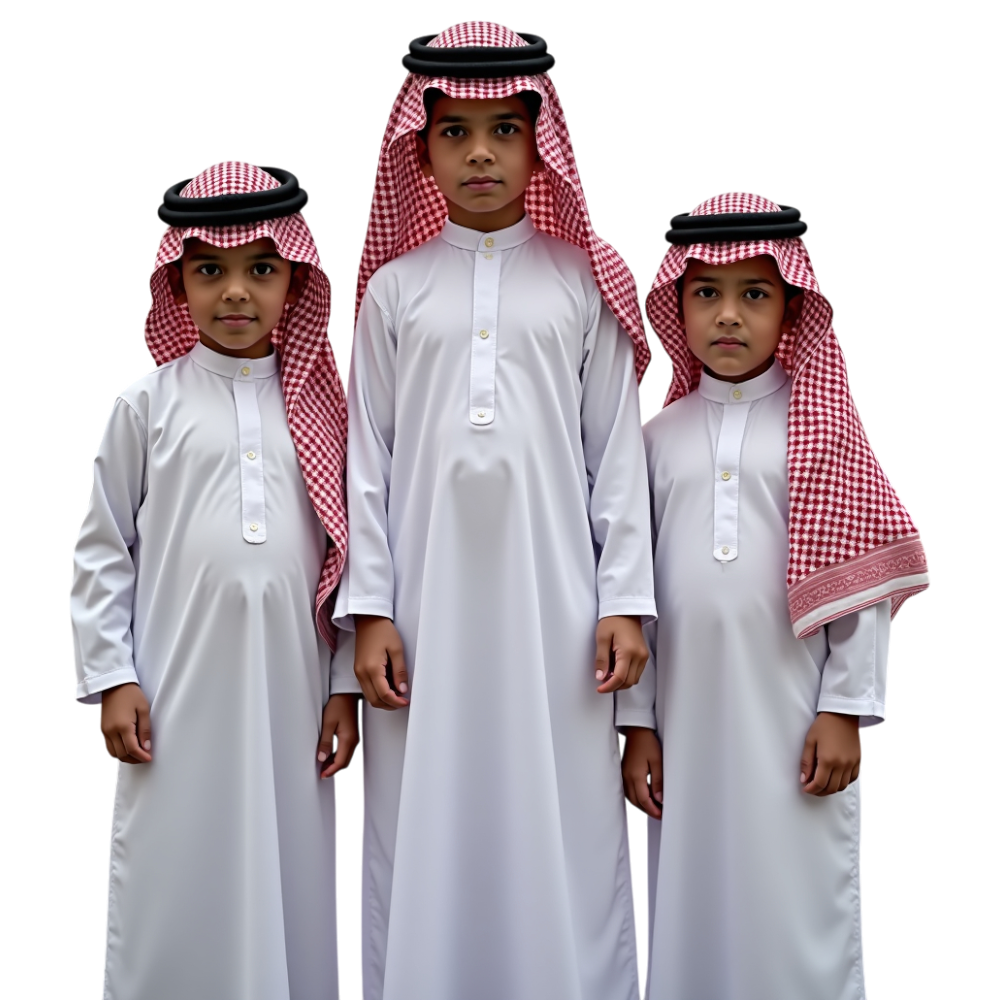 Three Young Arab Boys Dressed in Traditional Middle Eastern Keffiyeh and Thobe - Arabic Language Day 5
