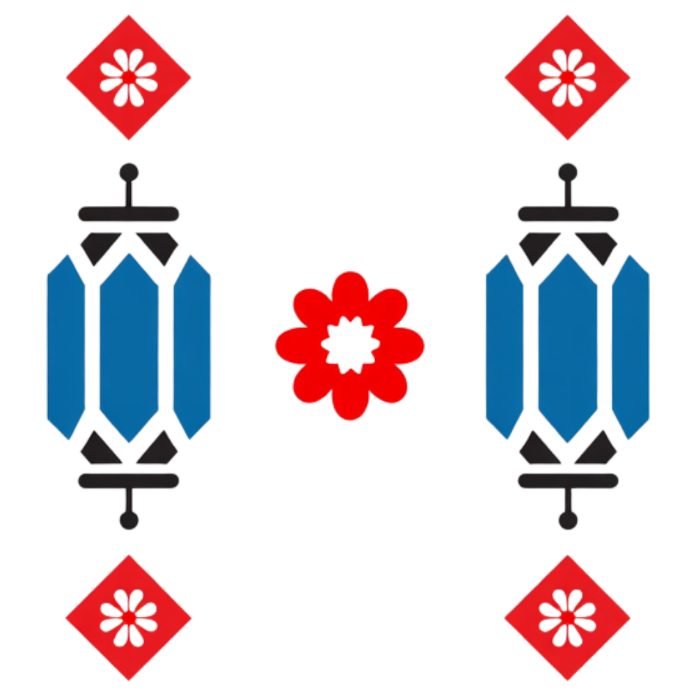 Symmetrical Decorative Lanterns and Red Floral Elements on Black - Arabic Language Day 6
