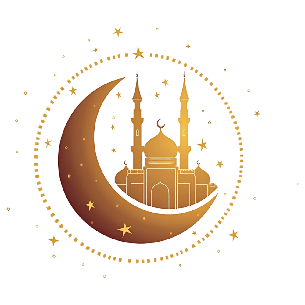 Golden Mosque Silhouette, Crescent Moon, Stars. Islamic Festival or Holy Month Design. - Arabic Language Day 9