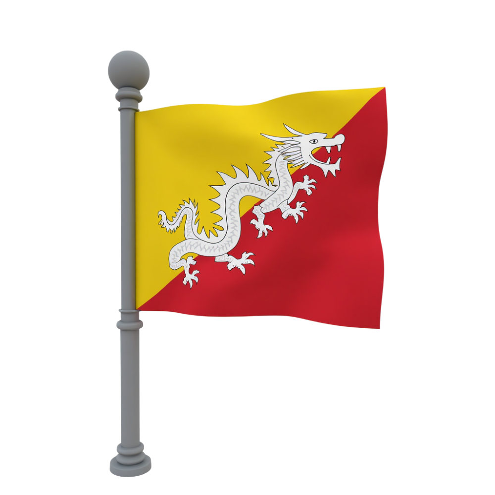 Bhutan National Flag Waving - Druk Dragon Symbol on Yellow and Red Fabric with Pole Representation - Bhutan National Day 14