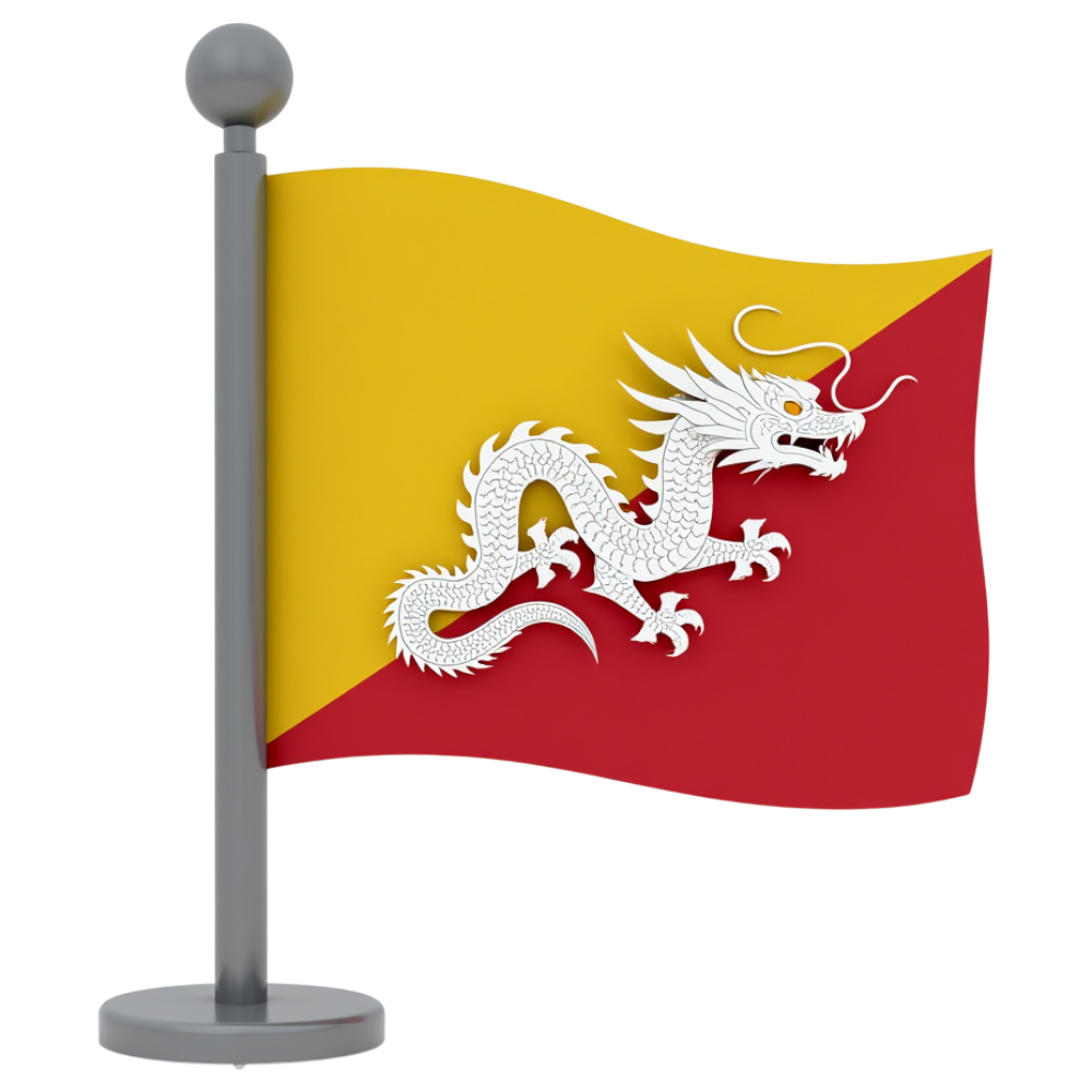Waving Flag of Bhutan with Druk Dragon on Pole - Bhutan National Day 2