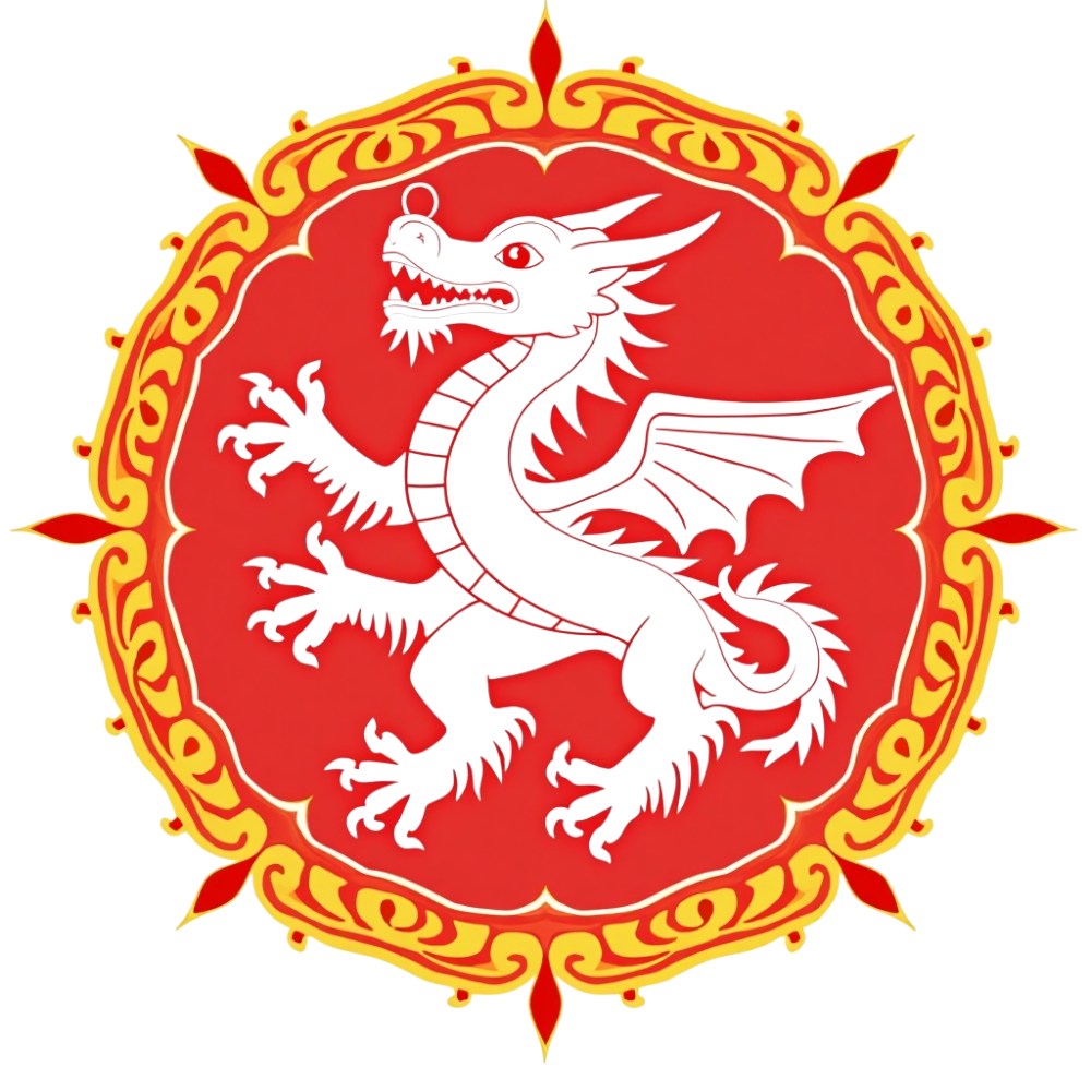 Heraldic Black Dragon Emblem on Red Shield with Ornate Gold Border - Bhutan National Day 23