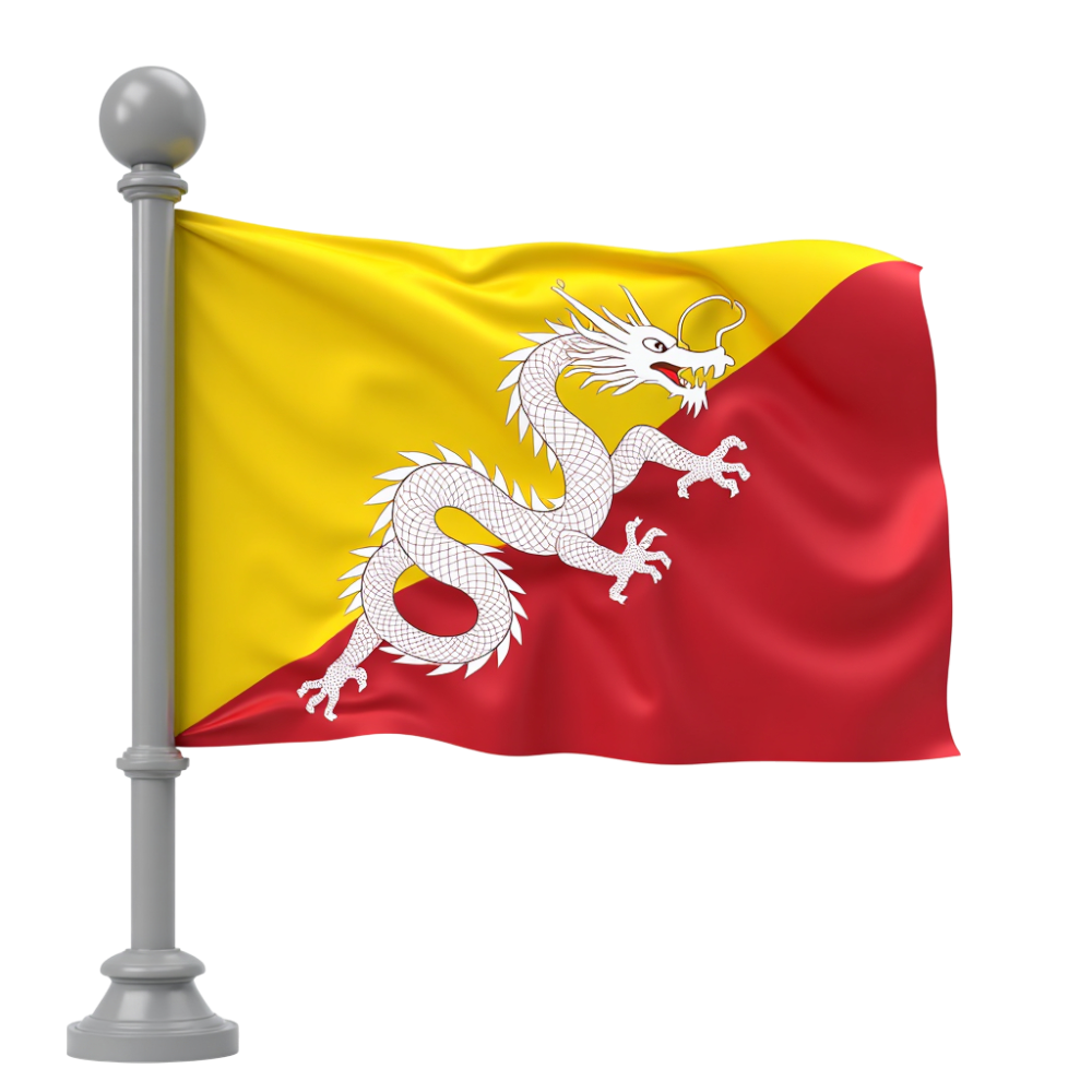Bhutan National Flag Waving. Kingdom of Bhutan Symbol with Druk Dragon on Pole. - Bhutan National Day 24